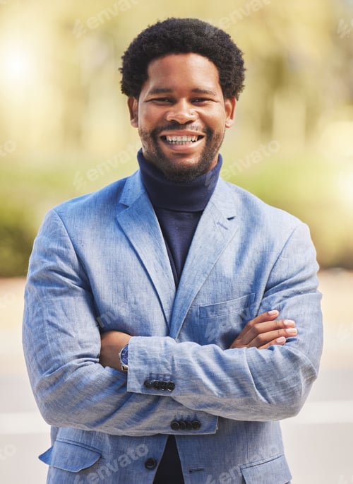 Preview: Happy, portrait and a black man with arms crossed in the city with corporate confidence. Smile, you