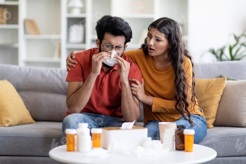 Preview: Family Support. Loving Indian Woman Taking Care About Her Ill Husband