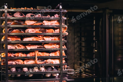 Preview: Racks of salmon smoking in a small smoker.