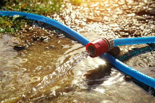 Preview: Water flowing from hose on ground outdoors, closeup. Space for text