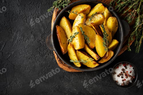 Preview: Roasted sliced potatoes with thyme herb, salt, peppers, cut board