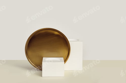 Preview: Two geometric white podiums with a round copper plate on a neutral background