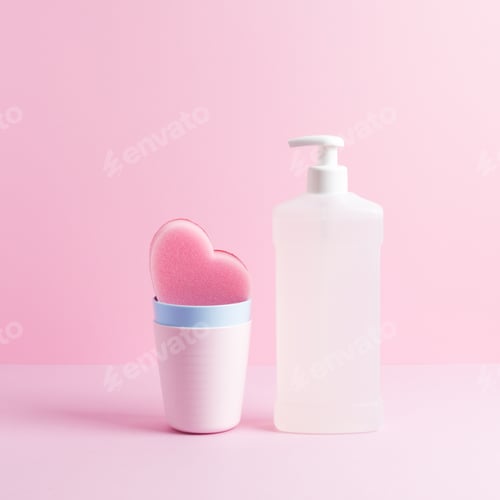Preview: Pink square composition with dishwashing supplies on pink background.