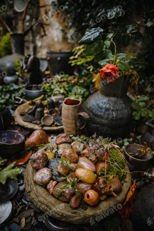 Preview: Vertical shot of a creative beautiful composition of a rural table with stone made dishes after rain