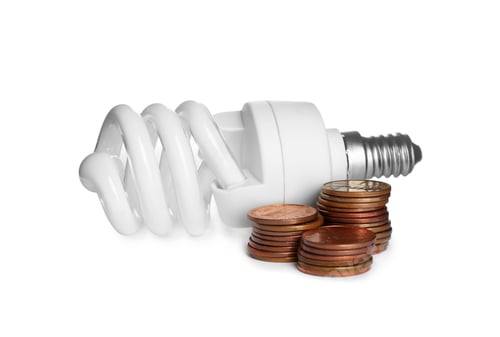 Preview: Lamp bulb and coins on white background. Money saving concept