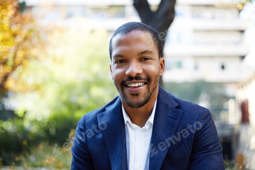 Preview: Portrait of smiling confident young African-American businessman in formal wear