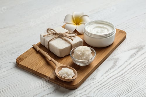 Preview: Board with Shea butter and cosmetic products on table