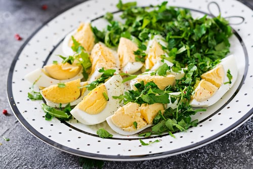 Preview: Boiled eggs with greens. Healthy food. Summer salad