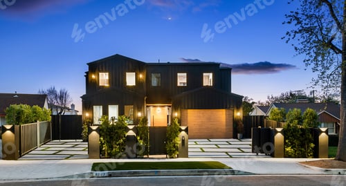 Aperçu: Modern two-story house with well-lit exterior in the evening.
