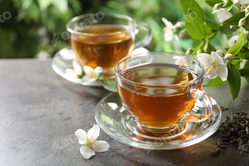 Preview: Aromatic jasmine tea in glass cups, brew and flowers on grey table outdoors, closeup. Space for text