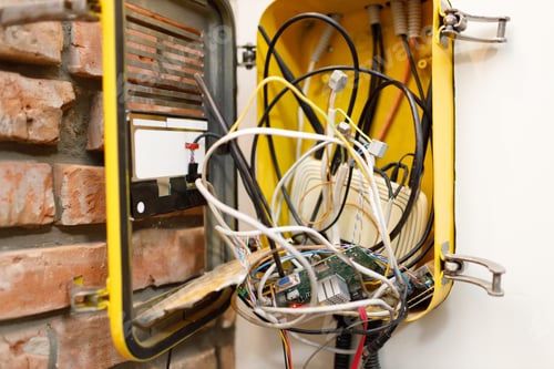 Preview: A switchboard with an electrical connecting cables and wi fi router box