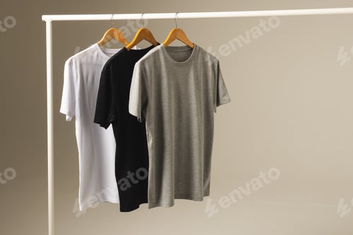 Preview: Three t shirts on hangers hanging from clothes rail and copy space on grey background