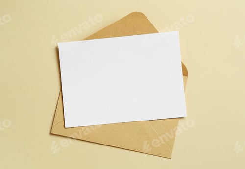 Preview: Blank invitation card and envelope on beige background, top view. Space for design