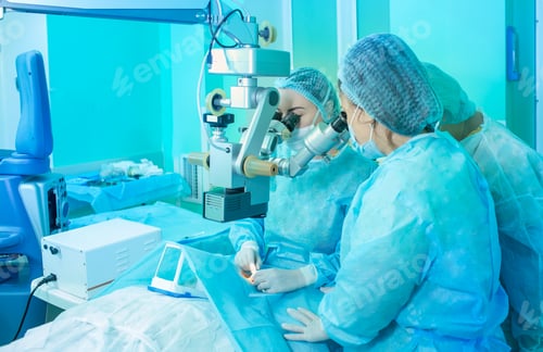 Preview: female doctors looking into a microscope. the concept of eye surgery