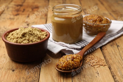Preview: Different types of mustard on wooden table, closeup