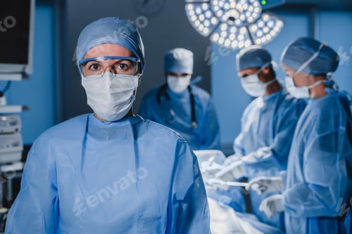 Preview: Portrait of female surgeon wearing scrubs and protective glasses in hospital operating theater.
