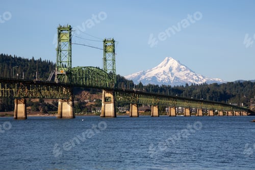 Preview: Hood River Bridge going over Columbia River with Mt Hood in the background