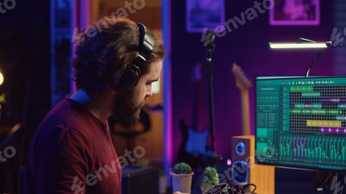 Preview: Man Working on Music with Computer and Microphone