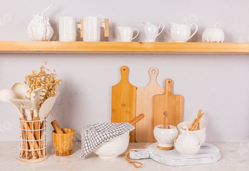 Preview: Front view of an open wooden shelf and kitchen countertop with eco-friendly kitchen utensils