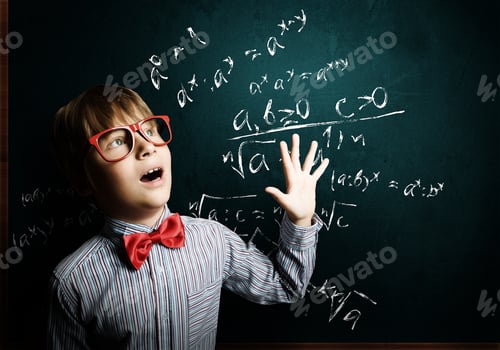 Preview: Genius Boy In Red Glasses Near Blackboard With Formulas