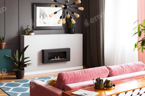 Preview: Real photo of living room interior with eco fireplace, window wi