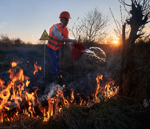 Preview: Fireman ecologist fighting fire in field in the evening