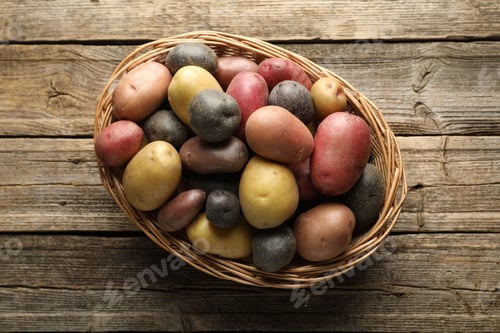 Preview: Different types of potatoes in wicker basket on wooden table, top view