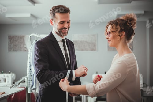 Preview: Professional tailor using tape to measuring client for sewing suit at fashion design studio