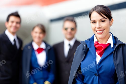 Preview: Flight Attendant With Cabin Crew And An Airplane At The Background