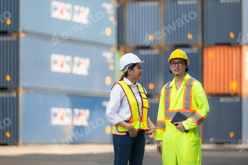 Preview: Portrait of Asian woman engineer and worker working with co-worker at overseas shipping container