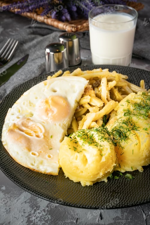 Preview: Fried eggs with boiled potatoes and yellow string beans.