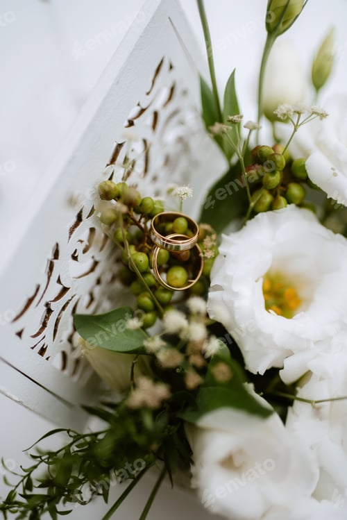 Preview: gold wedding rings with a wedding decor
