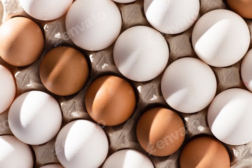 Preview: Eggs background. The eggs are white and brown. Protein food. Eco and organic