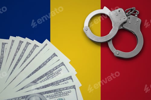 Preview: Romania flag with handcuffs and a bundle of dollars