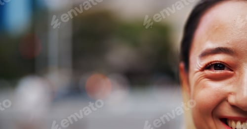 Preview: Half face, eye and portrait of woman in city with blur background for mockup space with smile. Happ