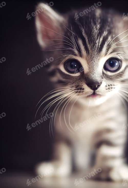 Preview: Tiny cute adorable gray tabby kitten, with black background,studio lighting.Adopt a puppy,pure breed