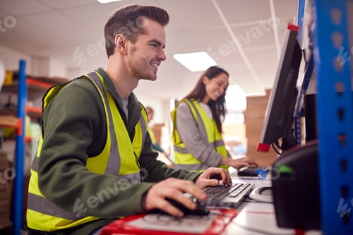 Preview: Staff In Busy Modern Warehouse Working On Computer Terminals