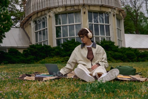 Preview: Young man enjoying nature while studying outdoors on a pleasant afternoon in springtime