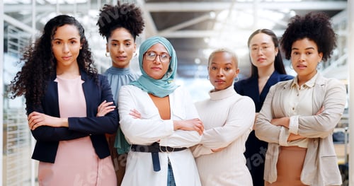 Preview: Leadership, empowerment and woman in hijab with team at creative marketing startup company. Teamwor