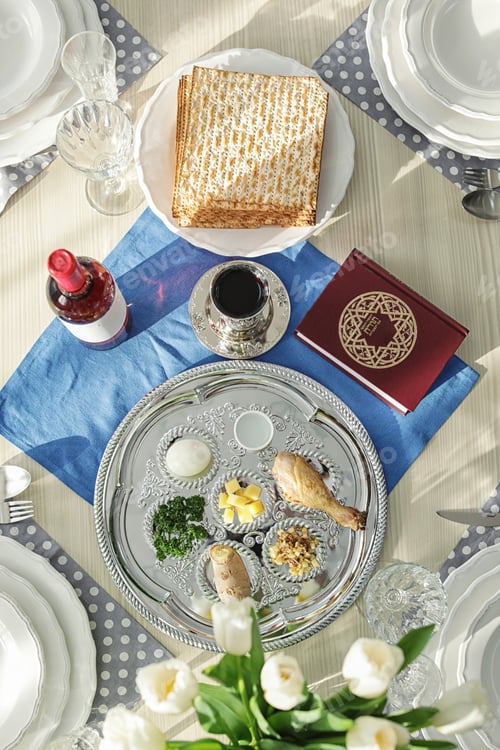 Preview: Table served for Passover (Pesach) Seder, top view
