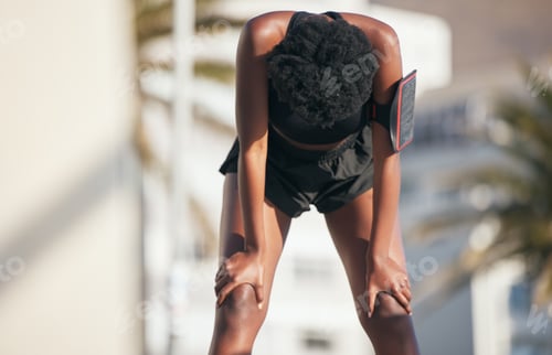 Preview: Woman, tired and stop for sports, running break or workout challenge outdoor. Female athlete, rest