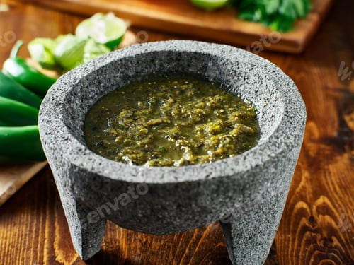 Preview: mexican salsa verde in traditional stone molcajete