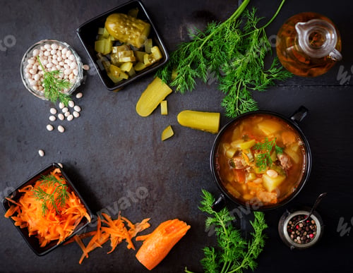 Preview: Soup with pickled cucumbers and beans in Ukrainian style. Top view