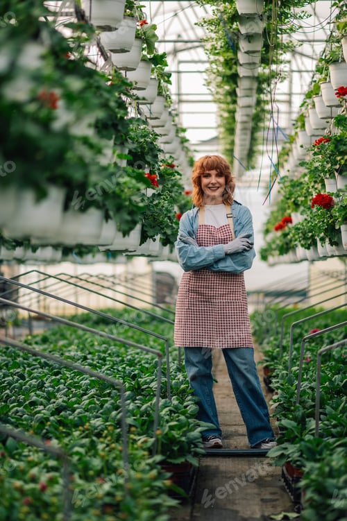 Preview: Botanist surrounded by plants and flowers at hothouse with arms crossed