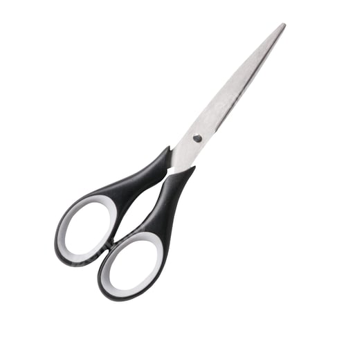 Preview: Top view of closed scissors on white background. Real photography of office scissors, stainless