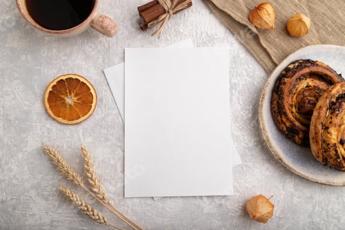 Preview: White paper invitation card, mockup with ear of wheat, bun, cup of coffee, linen textile
