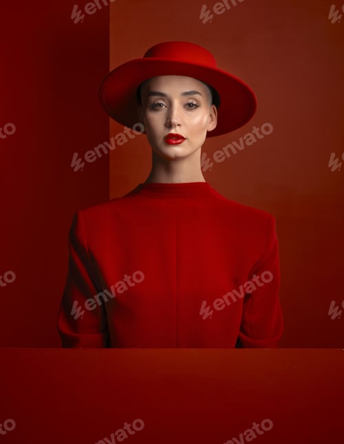 Preview: Portrait, reverse fashion and mockup with a woman on a red background in studio for marketing, adve