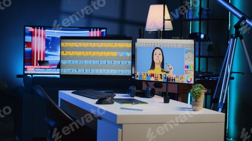 Preview: Photo processing software interface on computer screens in creative agency studio