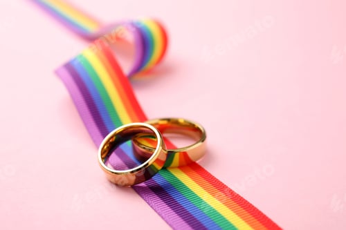 Preview: Wedding rings and rainbow ribbon on color background, space for text. Gay symbol