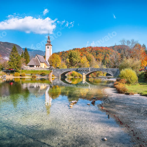 Preview: Gorgeous view of Church of St. John the Baptist on Bohinj Lake .